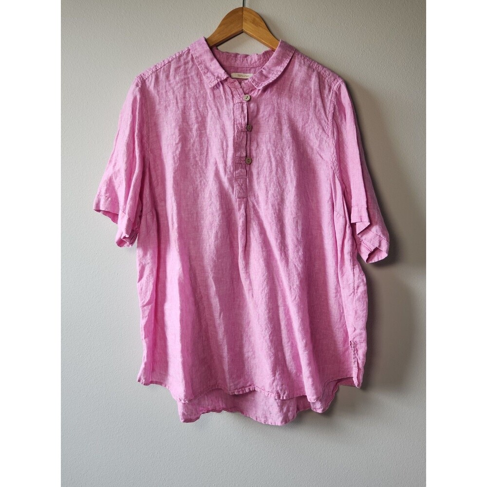 Cynthia Rowley 100% Linen Pink Blouse Top Womens 2X Short Sleeve Cottagecore Top